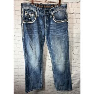 Rock Revival Tucker Boot Jeans 34x33 Embroidered Blue Beige